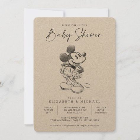 Disney Baby Shower Themes, Mickey Mouse Sketch, Mickey Baby Showers, Mickey Mouse Vintage, Mouse Sketch, Mickey Mouse Baby Shower, Mickey Theme, Disney Baby Shower, Woodland Baby Shower Invitations