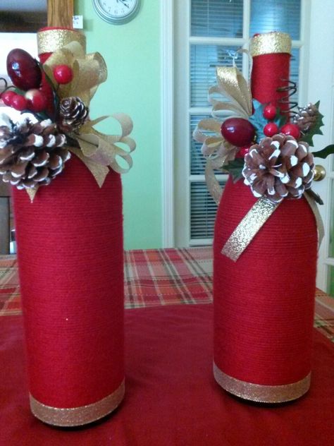 Christmas wine bottles Christmas Wine Bottles Diy, Christmas Bottles, Wine Bottle Crafts Christmas, Christmas Wine Bottles, Christmas Centerpieces Diy, Wine Bottle Art, Wine Bottle Diy Crafts, Painted Wine Bottles, Diy Bottle Crafts