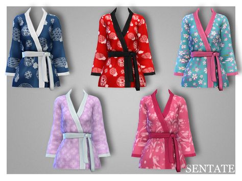 A modern take on the classic Kimono. A cropped wrap around jacket with 3/4 sleeves that ties at the waist. Comes in 5 plain colours and 5 Japanese prints.  Found in TSR Category 'Sims 4 Female... Sakura Kimono, Sims 4 Decades Challenge, Sims 4 Blog, Sims Stories, Japanese Jacket, Sims 4 Anime, My Sims, Sims 4 Gameplay, Japan Outfit