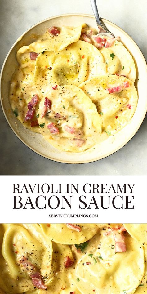 Bacon Cream Sauce Pasta, Ravioli In Cream Sauce, Cream Cheese Ravioli Sauce, Bacon Ravioli Recipe, Types Of Ravioli, Cream Sauce For Ravioli Recipe, Scallops And Ravioli, Bacon Wrapped Ravioli, Goat Cheese Ravioli Sauce