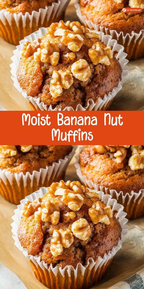 Enjoy the perfect Moist Banana Nut Muffins! Made with ripe bananas and a delicious walnut topping, these muffins are the ultimate comfort food. Freezer Banana Muffins, Banana Prune Muffins, Banana Nut Muffins With Streusel, Banana Bread Muffins Moist, Banana Walnut Muffins Moist, Banana Nut Muffins Recipe Moist, Recipes With Ripe Bananas, Banana And Walnut Muffins, Quick Banana Muffins