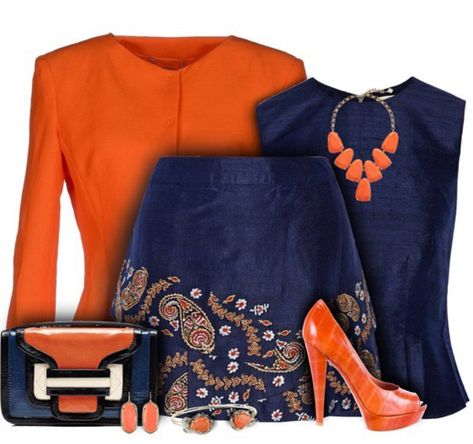 Rok Outfit, Orange Outfit, Clothes And Shoes, Orange Fashion, Complete Outfits, Blue Skirt, Mode Inspiration, Work Fashion, Skirt Outfits