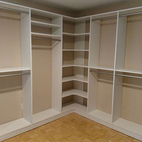 Today's small install. Basic design with radius corner shelves for a seamless look. #followthecrownnj Corner Shelves Wardrobe, Small Closet Corner Shelves, Corner Shelves For Closet, Closet With Corner Shelves, Closet Bench Ideas, Dressing Room Shelves, Closet In Corner Of Room, Corners In Closets, Diy Corner Wardrobe