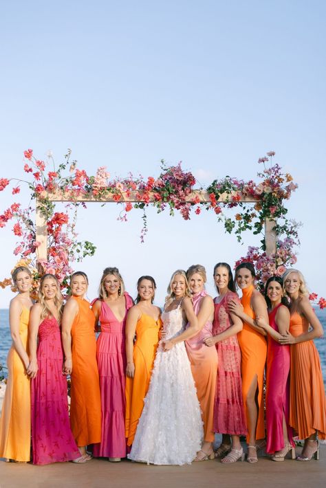 Tropical Ties: A Pink & Orange Cabo Destination Wedding - Inspired By This Sunset Wedding Theme, Orange Wedding Themes, Orange And Pink Wedding, Orange Bridesmaid, Orange Wedding Flowers, Orange Bridesmaid Dresses, Boda Mexicana, Yellow Bridesmaids, Party Attire