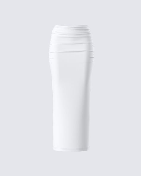 A white maxi skirt is a staple that everyone needs 🙌 With a simple and sleek design, this look is perfect for dressing up or down for any occasion. Made from a slinky jersey fabric, and complete with a mid-rise fit and ruching details 🤍 Finesse Clothing, White Denim Maxi Skirt, Mid Skirts, Skirts Cargo, Fitted Maxi Skirt, Jersey Maxi Skirt, Yellow Mini Skirt, White Maxi Skirt, White Long Skirt