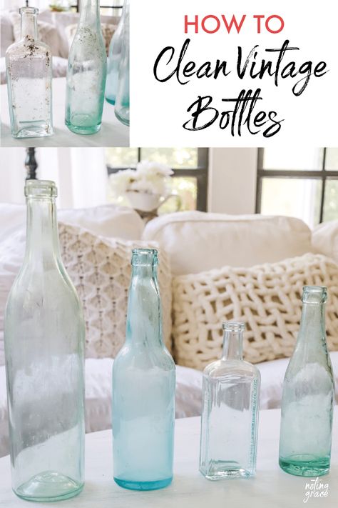 I love finding old bottles at the thrift stores, but they aren't always in the best shape. Here's how to clean vintage bottles easily! Big Glass Jars, Glass Bottle Decor, Vintage Medicine Bottle, Vintage Soda Bottles, Old Perfume Bottles, Old Glass Bottles, Diy Cleaning Solution, Vintage Decanter, Bottle Cleaner