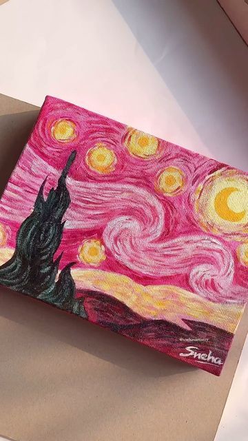 Sneha♡ on Instagram: "Starry Night (pink version)💖 posting this one now which I painted months ago idk why I didn’t post it back then😭 #starrynight #starrynightvangogh #vangoghinspired #art #explore #aesthetics" Seni Pastel, Arte Van Gogh, Simple Canvas Paintings, Cute Canvas Paintings, Easy Canvas Art, Canvas Painting Designs, Cute Paintings, Seni Cat Air, Small Canvas Art