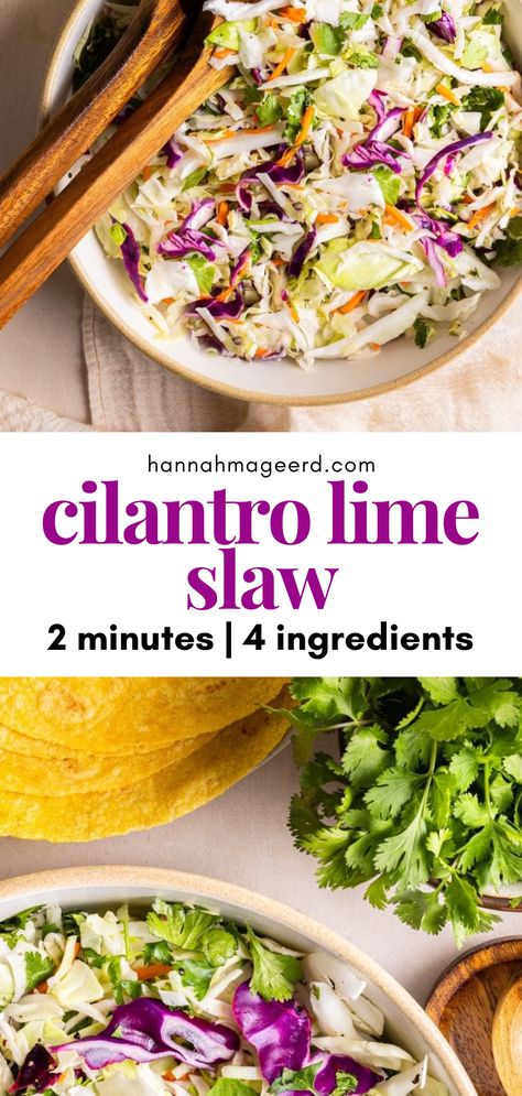 You won’t meet an easier recipe for cilantro lime coleslaw than this one. Made with bagged coleslaw mix, chopped cilantro leaves, lime juice, and salt. It takes two minutes to make and is a fresh and nutritious addition to shrimp tacos, fish tacos, and more. #coleslaw #coleslawrecipe #cilantrolime #healthyrecipes #easyrecipes #easyhealthyrecipes #easymealprep #summerrecipes #healthysummer #healthysummerrecipes #shrimptacos #fishtacos Lime Coleslaw Recipe, Cilantro Coleslaw, Cilantro Lime Coleslaw, Slaw For Tacos, Easy Coleslaw Recipe, Lime Coleslaw, Cookout Ideas, Summer Slaw, Lime Slaw