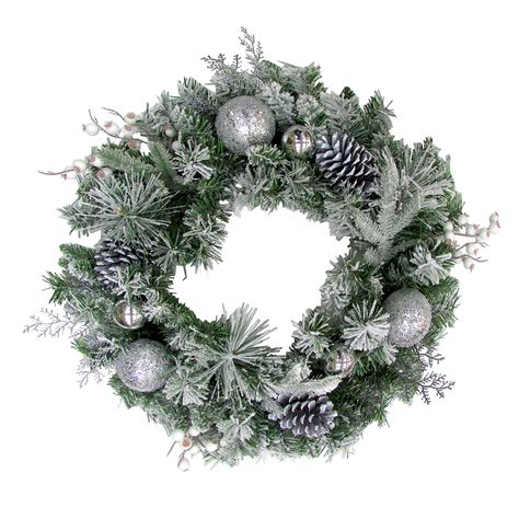 The Holiday Aisle® Frosted with Ornaments, Pinecones, and Berries 24 PVC Wreath" | Wayfair Frosted Christmas Wreath, Wreath With Ornaments, Fraser Hill, Antlers Decor, Living Wreath, Storing Christmas Decorations, Christmas Wreaths & Garlands, Artificial Christmas Wreaths, Christmas Ornament Wreath