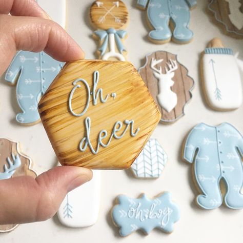 Oh Deer Cookies, Deer Baby Shower Boy, Baby Boy Cookies, Boys Food, Farm Cookies, Fox Farm, Hunting Baby, Deer Baby Showers, Baby Shower Theme Decorations