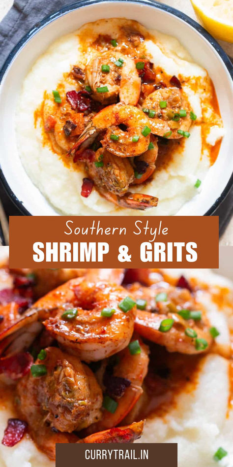 shrimp served over a bed of grits in a plate. Cajun Sauce For Shrimp And Grits, Shrimp And Grits Sauce Recipe, What To Serve With Shrimp And Grits, Dinner Grits Recipes, Shrimp Grits Recipe New Orleans, Shrimp And Grits With Andouille Sausage, Shrimps And Grits Recipe, Scallops And Grits Recipe, Bobby Flay Shrimp And Grits Recipe