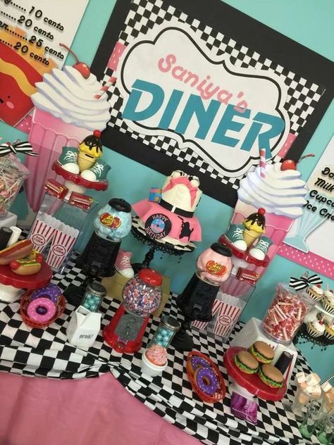 Retro 1950's sock hop birthday party dessert table! See more party ideas at CatchMyParty.com! 1950s Party Ideas, 50s Party Decorations, 1950s Theme Party, Grease Themed Parties, Birthday Party Dessert Table, Grease Party, 50s Theme Parties, Sock Hop Party, Rockabilly Party