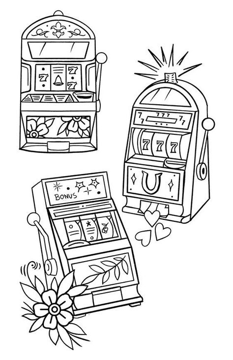 Gambling Machine Tattoo, Slot Machine Tattoo, Traditional Tattoo Stencils, Casino Tattoo, Traditional Black Tattoo, Money Tattoo, Machine Tattoo, Doodle Tattoo, Old School Tattoo Designs