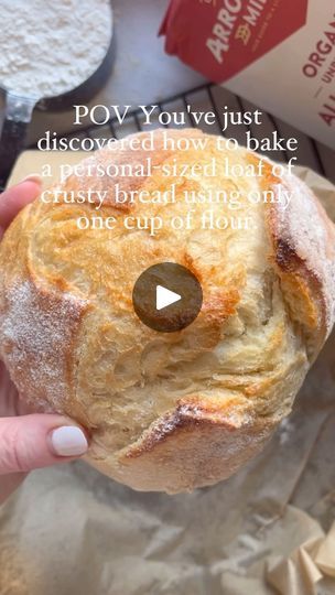 7.1K views · 470 reactions | From one cup of flour to fresh-baked a personal sized loaf of bread, mastered the art of mini magic! Just one cup of Arrowhead Mills Organic All Purpose Flour and voilà, your own personal-sized loaf! Who’s ready for some freshly baked joy? 

Inspired by @the.practical.kitchen 

SAVE for one cup flour recipes 🍞🔖

Ingredients 
*1 cup Arrowhead Mills Organic All Purpose Flour
*1/3 tsp instant yeast 
*1/2 tsp salt
*1/2 cup cool water

Instructions 
1. In a bowl, combine flour, salt, and yeast. Add water and mix until shaggy. Cover the dough and allow it to rest either at room temperature for 12-15 hours. Allow the dough to rise until it doubles or triples in size and forms a bubbly surface.
2. Preheat the oven to 450°F and place a Dutch oven inside to heat for 30 One Cup Flour Bread, 1 Cup Flour Bread, The Practical Kitchen, Artisan Bread Recipes, Bread Art, Biscuit Rolls, Practical Kitchen, Loaf Of Bread, Bread Toast