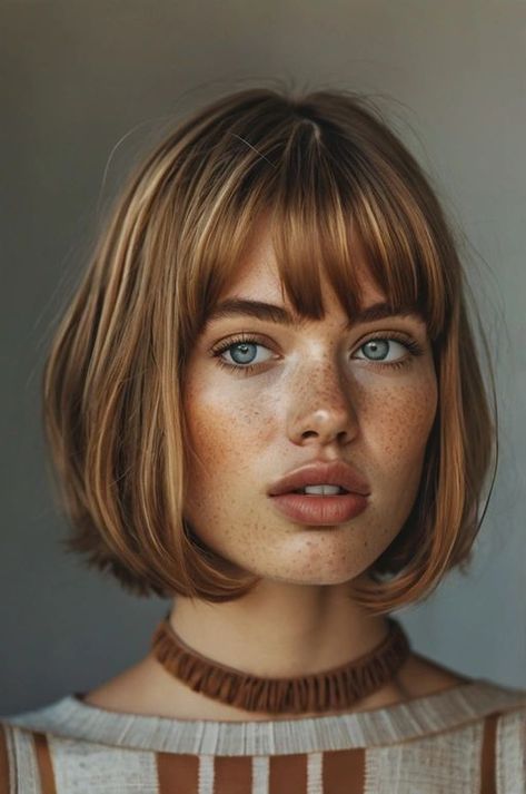 A sleek, chin-length bob styled with the ends slightly curled inward, creating a soft Copper Blonde Hair Color, Copper Blonde Hair, Cyberpunk Female, Pixie Cut Styles, Copper Blonde, French Bob, Chin Length, Chin Length Bob, Leather Jacket Style