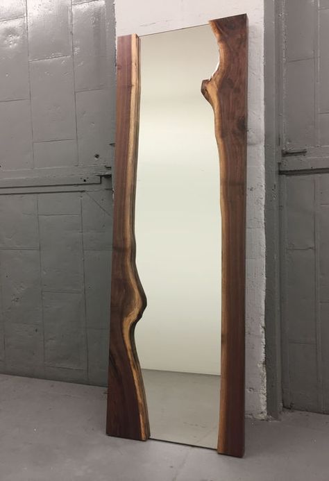 Live edge mirror shown with walnut wood slab Live Edge Mirror, Wood Slab Table, Yard Furniture, Live Edge Furniture, Nyc Brooklyn, Live Edge Dining Table, Contemporary Furniture Design, Wooden Mirror, Reclaimed Wood Furniture