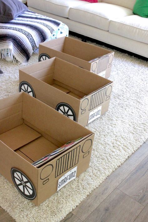 Kids Drive in Party Ideas for Kids Box Drive In Cars, Cardboard Box Car Ideas For Kids, Cardboard Cars For Kids Drive In, Box Cars For Kids, Diy Cardboard Car, Cardboard Box Ideas, Cardboard Bus, Summer Fun Ideas, Homeschool Room Decor