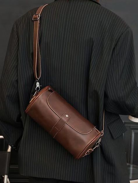 Brown  Collar  PU Leather Plain Bucket Bag Embellished   Men Bags Leather Crossbody Bag Men, Man Bags Shoulder For Men, Business Streetwear, University Freshman, Men Handbag, Leather Bags For Men, Leather Shoulder Bag Men, Waterproof Crossbody Bag, Sling Bag For Men