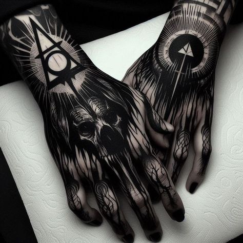 Back Tattoos For Guys Aesthetic, Dark Occult Tattoo, Demonic Hand Tattoos, Gothic Hand Tattoo Men, Gothic Tattoos Men, Blackout Hand Tattoo, Blackwork Hand Tattoo, Satanic Tattoo Design, Druid Tattoo