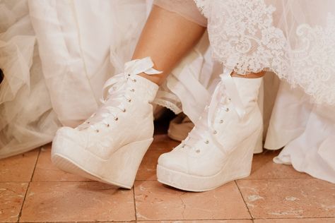 Bridal wedge sneakers, lace wedding shoes for bride, bride shoes for wedding block heel, wedding platform shoes, wedding booties bride Wedding Platform Shoes, Bones Wedding, Blush Bridal Shoes, Lace Wedding Boots, Wedding Tennis Shoes, Platform Wedding Shoes, Bridal Shoes Wedges, Comfy Wedding Shoes, Wedding Shoes Sneakers