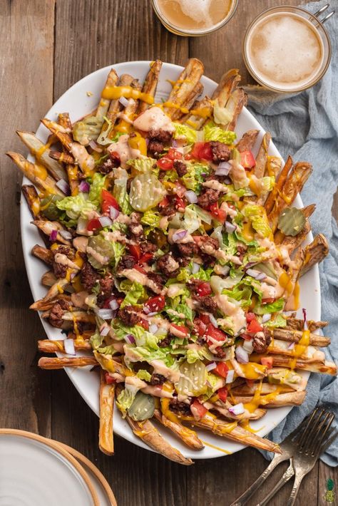 Big Mac Fries, Vegan Big Mac, Vegan Burger Patties, Homemade Big Mac Sauce, Animal Style Fries, Food Fries, Vegan Cheddar Cheese, Big Food, Vegan Cheese Sauce