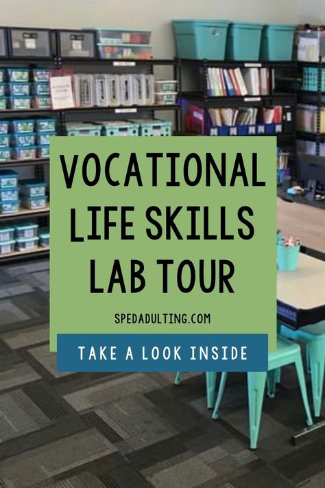 Life Skills Room Setup, Paes Lab Ideas, Free Vocational Activities, Ged Classroom Ideas, Life Skills Classroom Set Up High School, Life Skill Centers, Vocational Bulletin Board Ideas, Vocational Classroom Setup, Job Skills Special Education