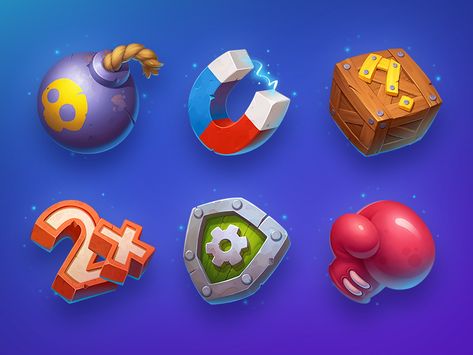 Game Icons  #icon #icons #powerup #object #game #gameassets #asset #bomb #magnet #box #shield #2x #boxingglove Game Icon Design, Game Gui, Game Icons, Casual Art, Game Props, Game Ui Design, Level Design, Ios Games, Casual Game