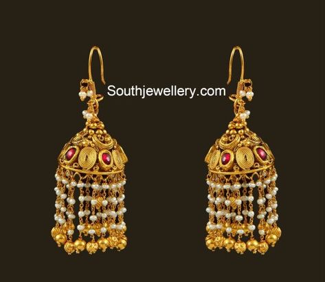 Pearl Jhumkas, Earrings Latest, Temple Jewellery Earrings, Jewelry Necklace Simple, Gold Jhumka, Gold Jhumka Earrings, Gold Bangles For Women, Gold Earrings Models, Online Gold Jewellery