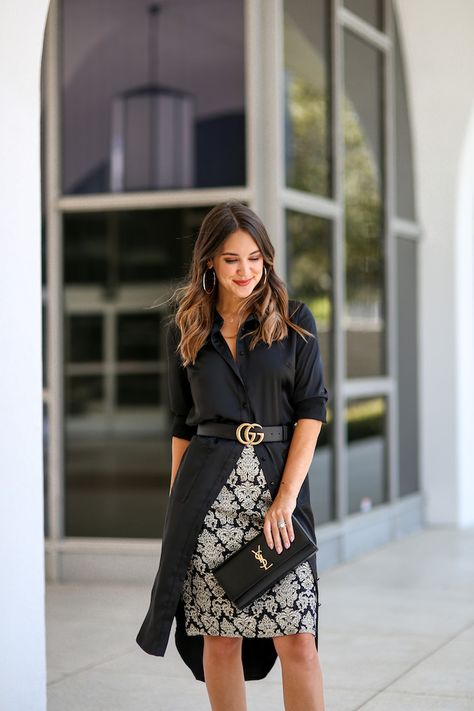 How to Style a Shirt Dress as a Top | Black Shirt Dress, Black and Gold Pencil Skirt, Gucci Belt How To Style A Black Shirt Dress, Gucci Belt Dress Outfit, Belt With Skirt Outfit, Black Dress Shirt Women's, How To Wear A Dress As A Top, Shirt And Belt Outfit, Belted Shirt Outfit, How To Wear Shirt Dress, Styling Shirt Dress