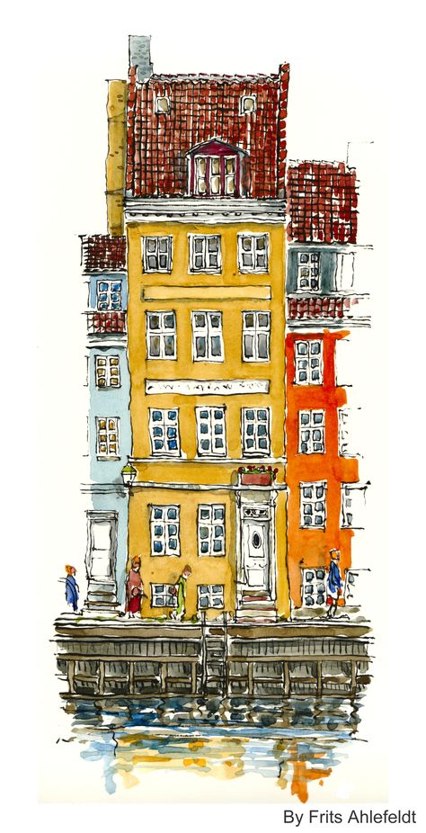 Watercolors from Christianshavn, Copenhagen – Frits Ahlefeldt – FritsAhlefeldt.com Watercolor Architecture, Building Illustration, Architecture Drawing Art, House Illustration, 수채화 그림, Urban Sketchers, House Drawing, Watercolor Sketch, Watercolor Inspiration