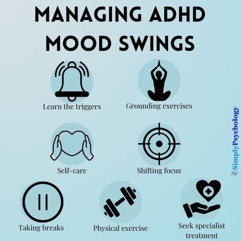 ADHD mood swings are rapid, intense changes in emotional state that can occur throughout the day. Individuals with ADHD may experience quick shifts between happiness, sadness, irritability, or anger, often in response to minor triggers. These mood swings can be difficult to control and may lead to impulsive behaviors or strained relationships. Emotional regulation strategies, therapy, and sometimes medication can help manage ADHD-related mood swings. Grounding Exercises, Impulsive Behavior, Mood Changes, Emotional Regulation, Teaching Strategies, Mood Swings, Self Compassion, Psychiatry, Anger