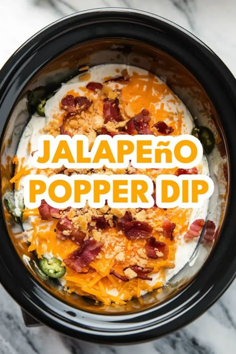 A photo of a  Jalapeño Popper Dip a crockpot dips Crock Pot Dip Ideas, Jalapeño Popper Dip In Crockpot, Hot Crock Pot Dips, Slow Cooker Dips Easy, Best Dip Recipes Crock Pot, Crockpot Spinach And Rotel Dip, Crock Pot Party Dips, Crockpot Jalapeño Popper Dip, Dips In Crockpot Appetizers