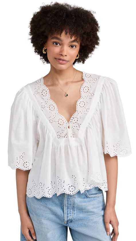 PRICES MAY VARY. Fabric: Lightweight, non-stretch eyelet Scalloped edges Cropped profile 3/4 puff sleeves V neckline Costa Eyelet Top White Eyelet Top, Cotton Tops Designs, White Eyelet Blouse, Charm Bracelet Watch, Eyelet Shirt, Eyelet Blouse, Free People Blouse, Fits Clothes, Eyelet Top