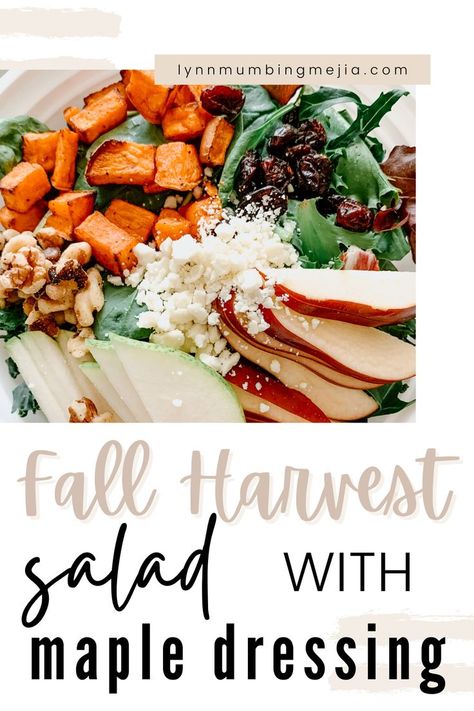 This Fall Harvest Salad is super robust in flavours but has everything in every bite. You’ve got sweet from the apples, pears, dried cranberries and roasted sweet potatoes. You’ve got salty from the feta. You’ve got crunchy from the walnuts. And finally, you’ve got soft from the kale, field greens and spinach doused with maple dressing. Read more for all the details on Fall Harvest Salad with Maple Dressing on the blog now! #fallharvestsalad #fallsalad #fallrecipes #saladrecipes #autumnsalad Fall Harvest Salad Sweet Potato, Salad With Maple Dressing, Unique Salad Recipes, Fall Harvest Salad, Maple Dressing, Lettuce Salad Recipes, Unique Salad, Harvest Salad, Vegetarian Salad Recipes