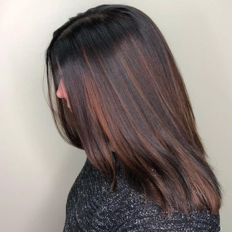 17 Stunning Examples of Balayage Dark Hair Color Auburn Ends On Brown Hair, Cinnamon Balayage On Black Hair, Black To Auburn Balayage, Copper Highlights On Dark Hair Black, Copper Highlights In Black Hair, Dark Hair Amber Highlights, Copper Brunette, Dark Brown To Copper Ombre, Natural Dark Hair