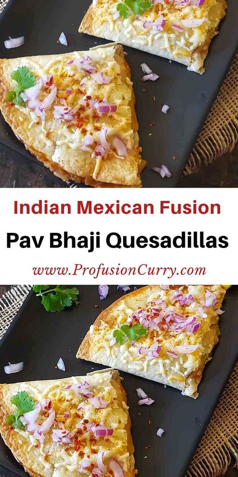 Pav Bhaji Quesadillas are a delicious fusion dish that combines the flavors of Indian pav bhaji with the traditional Mexican quesadilla. This recipe is perfect for a finger food appetizer, hearty lunch or dinner option. Easy Indian Appetizers, Mexican Fusion, Recipes Veg, Veg Snacks, Indian Appetizers, Fusion Dishes, Pav Bhaji, Diwali Food, Chaat Recipe