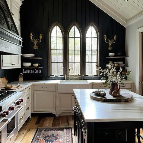 Farmhouse Gothic, Clawfoot Tub Ideas, Victorian Gothic Home Decor, Gothic Farmhouse, Gothic Cottage, Dark Cabinets Backsplash, Clawfoot Tubs, Morgantown West Virginia, Grey Kitchen Floor