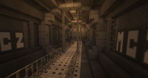 Minecraft Coridoor, Minecraft Batcave Ideas, Minecraft Vault Interior, Minecraft Scp Facility, Bunker Ideas Minecraft, Minecraft Scp Build, Minecraft Bunker Design, Minecraft Research Lab, Minecraft Fallout Vault