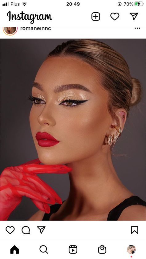 Red Lips And Gold Eyes Makeup, Red Lipstick And Eyeliner Makeup, Gold Dress With Makeup, Make Up Ideas For Red Prom Dress, Prom Make Up For Gold Dress, New Years Eve Makeup Red Lips, Prom Nails With Red Dress Makeup Ideas, Makeup Prom Red Dress, Red Lip Silver Eye Makeup