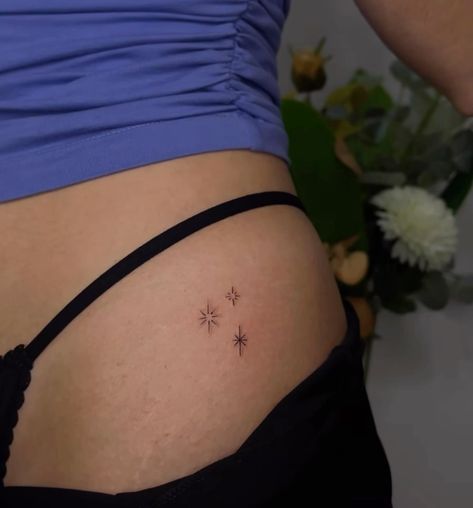 Linear Hip Tattoo, Hip Sparkle Tattoo, Small Fine Line Hip Tattoo, Sparkle Hip Tattoo, Fineline Hip Tattoos Women, Star Tattoo On Thigh, Pantie Line Tattoo, Star Hip Tattoos Women, Sparkle Tattoo On Hip