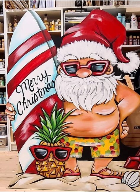 Surfing Santa Drawing, Margaritaville Christmas, Merry Christmas Beach, Christmas Aussie, Santa On The Beach, Tiki Christmas, Hawaiian Santa, Whittling Patterns, Christmas Tropical