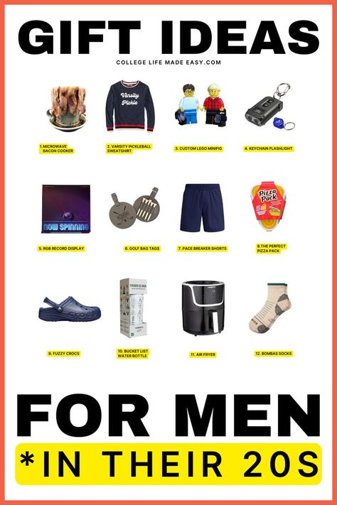 gift ideas for adult men, 12 gifts guys in their 20s love to get for their birthday and Christmas 20 Year Old Birthday Ideas For Guys, Gifts For 20 Year Old Guy, Guy Birthday Gifts, Young Adult Christmas Gifts, 20 Year Old Man, Young Women Christmas Gifts, Guy Best Friend Gifts, College Girl Christmas Gifts, Gifts For College Boys