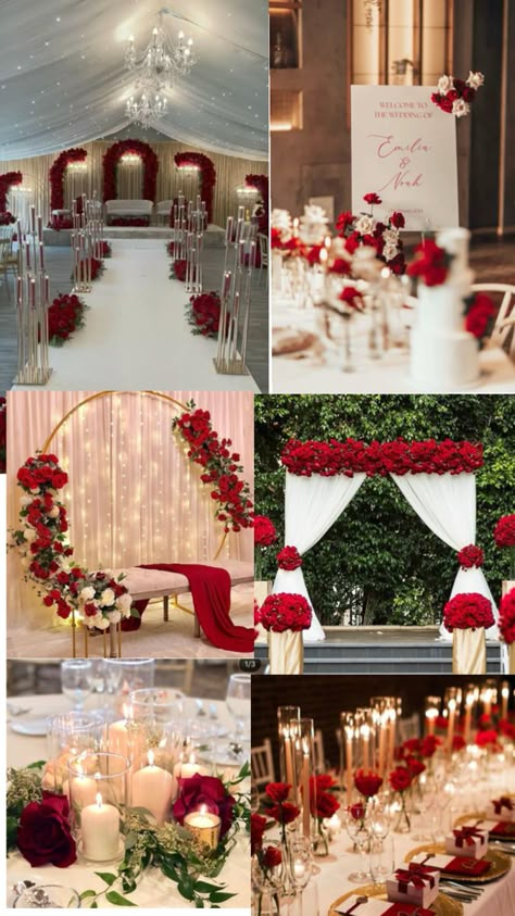 Red Gold And Silver Wedding, Red White And Tan Wedding Idea, Red Gold And Cream Wedding, White Gold And Red Wedding Decor, Red Wedding Dessert Table, Blue Red Gold Wedding Theme, Red Cream And Gold Wedding Decor, Gold White And Red Wedding, Red And Gold Wedding Theme Decor