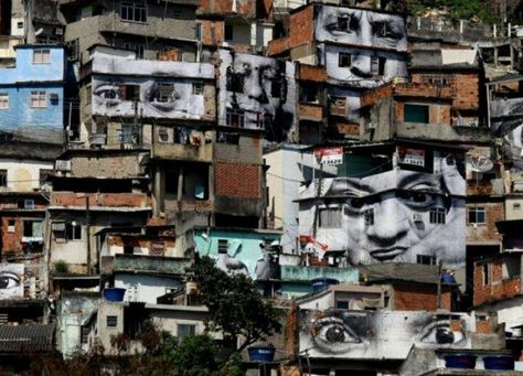 An artist named JR paints these kinds of murals in favelas of Brazil... he also started to paint them in other cities as well... I think its a great concept of are for inner city youth... — Favelas Brazil, The Hills Have Eyes, Shanty Town, Jr Art, French Street, Best Street Art, Nina Simone, Yayoi Kusama, Street Art Graffiti