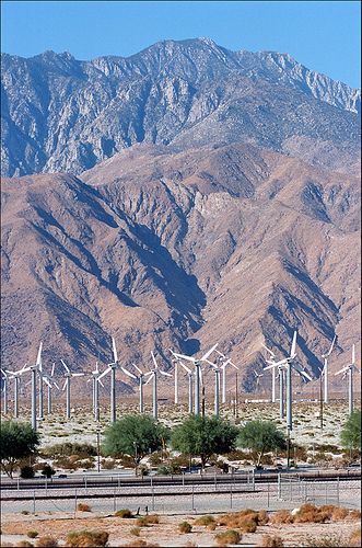 San Gorgonio Pass Wind Farm, Mt. San Jacinto, Desert Hot Springs, CA by Xavier de Jauréguiberry, via Flickr Hot Springs California, Desert Cities, San Jacinto Mountains, Desert Southwest, Desert Hot Springs, American Landscape, Travel America, Desert Life, California Desert