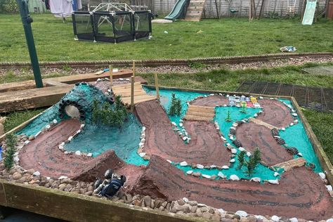 Diy Backyard Car Track, Monster Truck Sand Pit Diy, Outdoor Monster Truck Track, Monster Truck Race Track Diy, Diy Monster Jam Arena, Monster Truck Play Area, Monster Truck Tracks Diy, Diy Monster Truck Arena, Outdoor Race Track