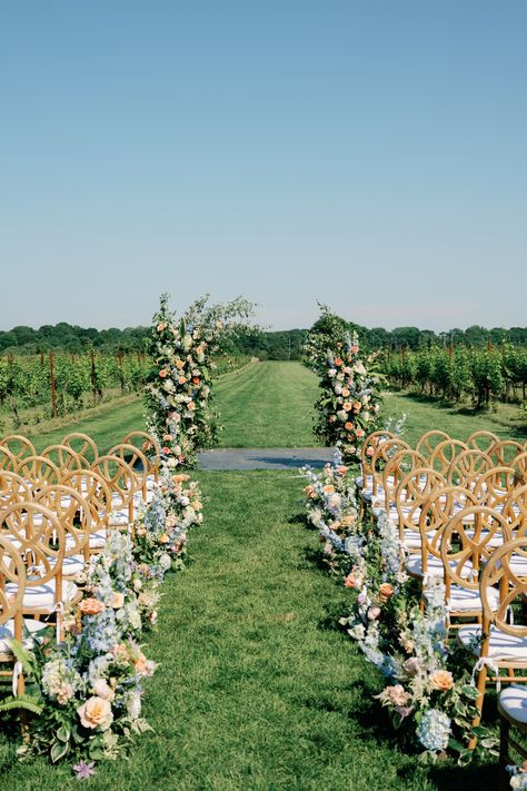 Planning & Design: Pearl Weddings Photography: Trenholm Photo #weddingceremony #vineyard #vineyardwedding #weddingplanning #ctwedding #weddingflowers #flowers #ceremony #weddingarch Classic Vineyard Wedding, Winery Wedding Ceremony Decor, Outdoor Vineyard Wedding Ceremony, Kontokosta Winery Wedding, Vineyard Ceremony Decor, Vineyard Style Wedding, Wedding Venue Vineyard, Wedding Venues Vineyard, Winery Wedding Aesthetic