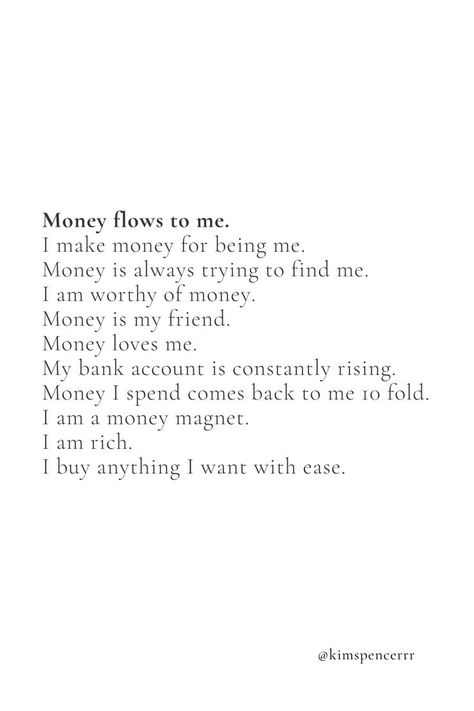 Money flows to me and 10 more affirmations to manifest money and have a money and abundance mindset  #affirmations #moneyaffirmations #manifestingaffirmations #manifestingmoney #abundancemindset Rev Ike Money Affirmations, I Have Money Affirmations, Positive Money Mindset, Abundance Mindset Affirmations, Money Mindset Affirmations, Saving Money Affirmations, Powerful Money Affirmations, New Car Affirmations, Money Aspirations