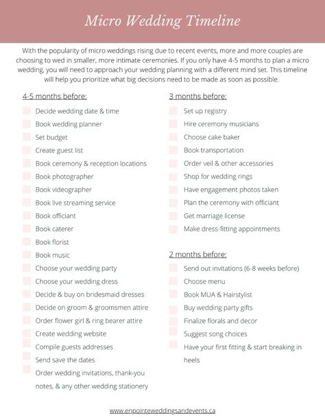 Due to recent events, we understand how some couples may not want to wait to get married. If you only have 4-5 months to plan a micro wedding, you will need to approach your wedding planning with a different mind set. Download our micro wedding timeline to help you prioritize and make those big decisions as soon as possible. 1 Month Wedding Checklist, Small Wedding Planning Timeline, 5 Month Engagement Timeline, 4 Month Engagement Timeline, Planning A Wedding In 3 Months, How To Have A Micro Wedding, Wedding Planning Short Engagement, Micro Wedding List, Short Notice Wedding Planning