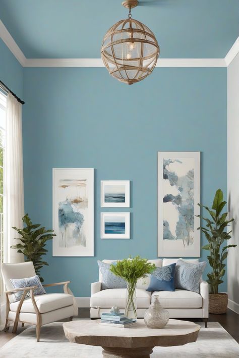 Best Wall Paint Color 2024: Agreeable Gray - Creating Harmony in Your Workspace - upgradesign.blog Blue Walls Living Room Decor, Ocean Blue Paint Colors, Blue Wall Decor Living Room, Ocean Blue Paint, Colorful Living Room Bright, Peaceful Living Room, Best Wall Paint, Teal Accent Walls, Blue Walls Living Room